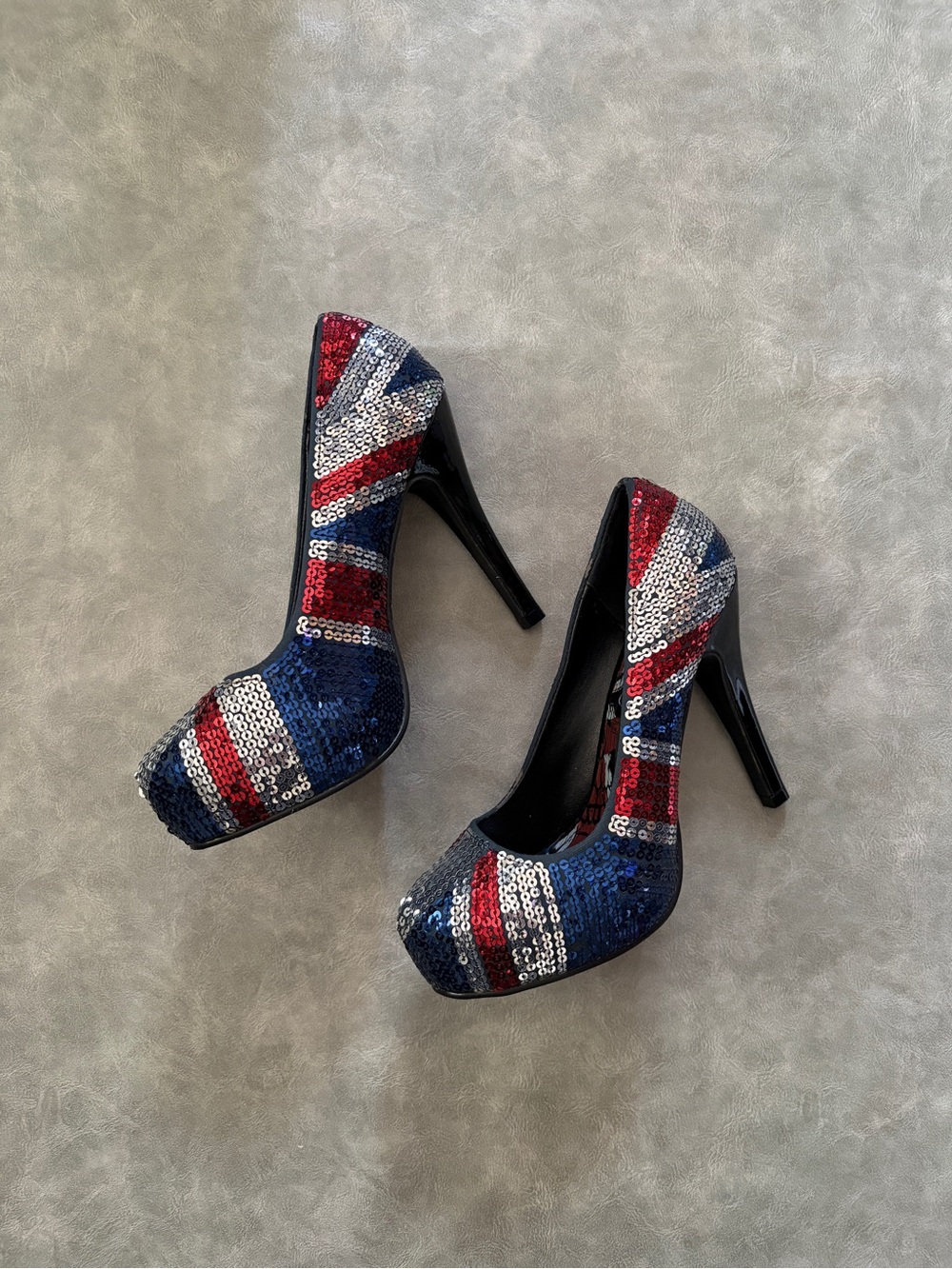Y2K Iron Fist Jacked Up Union Jack Sequin Platform Heels